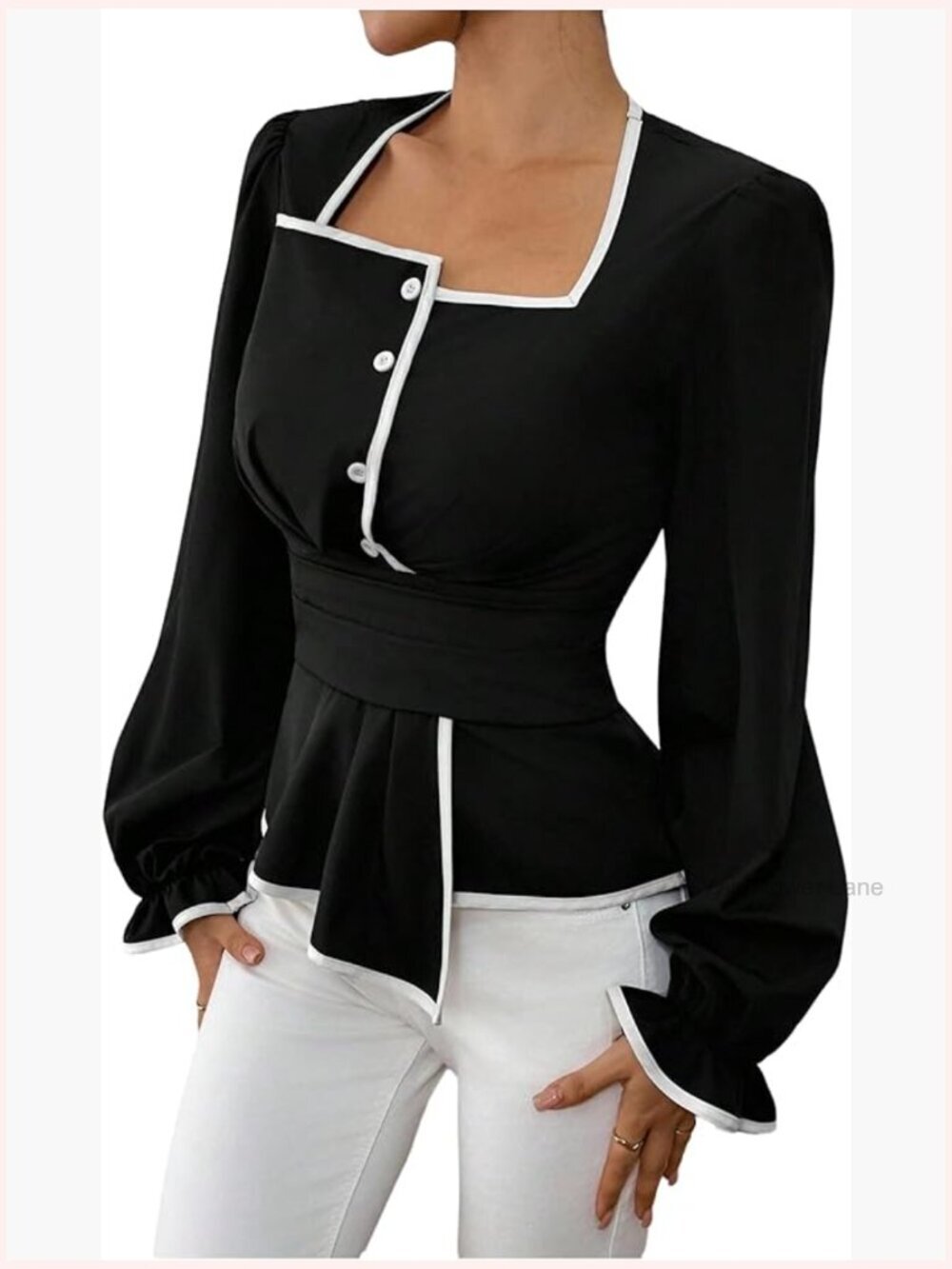 Elegant Square Neck Long Sleeve Blouse with Contrast Trim